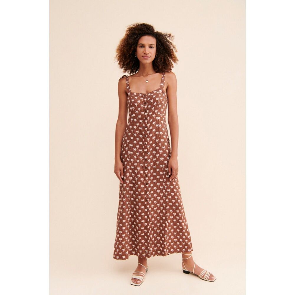 FAHERTY nwt Kendall Palm Tree Dress brown linen palm tree maxi dress
